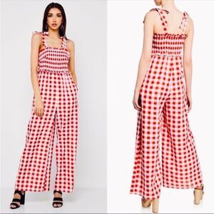 NWT English Factory Gingham Checkered Ruffle Bow Picnic Smocked Long Jumpsuit L